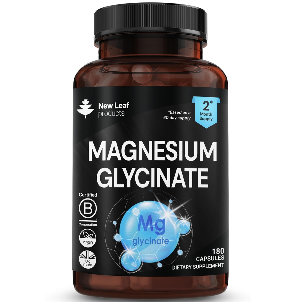 Magnesium Glycinate Supplements - 180 High Strength Capsules - 315mg Magnesium Per Serving - Pure Active Ingredient - Made by New Leaf, UK Manufactured
