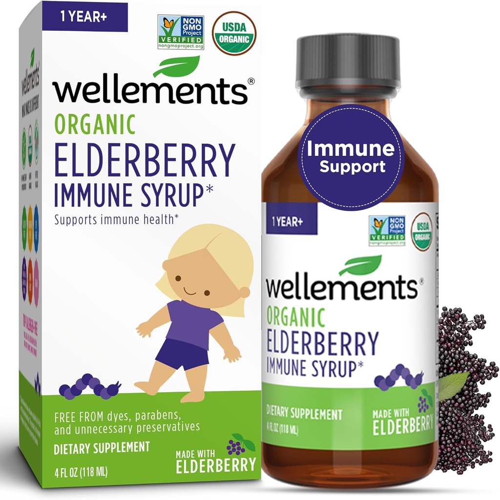 Wellements Orgánica de Elderberry Syrup para Niños Silenciosos Apoyos Immune Health* para bebés &amp; niños pequeños, Hecho con Elderberry Orgánica, USDA Certified Orgánica &amp; Non GMO TEN 1 Año +, 4 Fl Oz