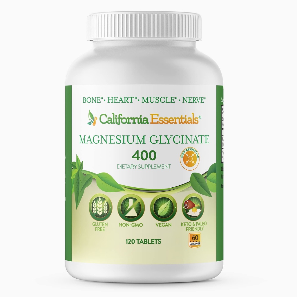 Magnesium Glycinate 400 - Chelated, High Absorption Magnesium for - Vegan, Non-GMO, Gluten-Free 120 Tablets (Servings 60, Serving Size (2) 200mg Tablets)