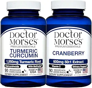 Curcumin Turmeric de Doctor Morse 1950mg &amp; Cranberry 30000mg Bundle - Soporte Conjunto, Salud de la Tractrina urinaria, y Boost de Inmune con BioPerine & Vitamin C, FDA-Registrado, NSF-Certified 90 cápsulas