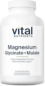 Vital Nutrients Magnesium Glycinate + Malate TEN 120mg Magnesium Suplemento Vegan para Mujeres y Hombres ← Muscle, Heart, Bone Support* ← Promueve la Relajación TEN Gluten, Dairy y Soy Gratis TEN 200 Capsules