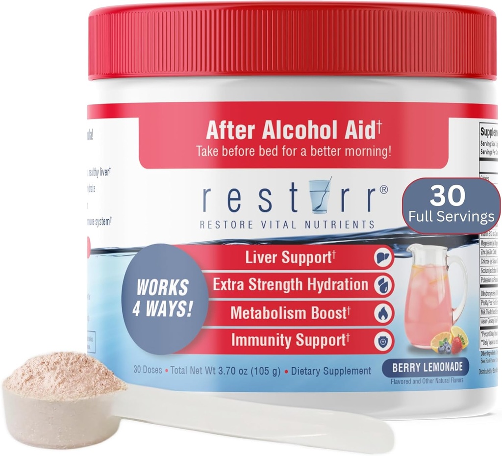 restirr After Alcohol Aid & Recovery: Supports Liver Health, Boosts Metabolism and Supports The Immune System with DHM, Milk Thistle, B-Complex, Hydration. 30 Doses