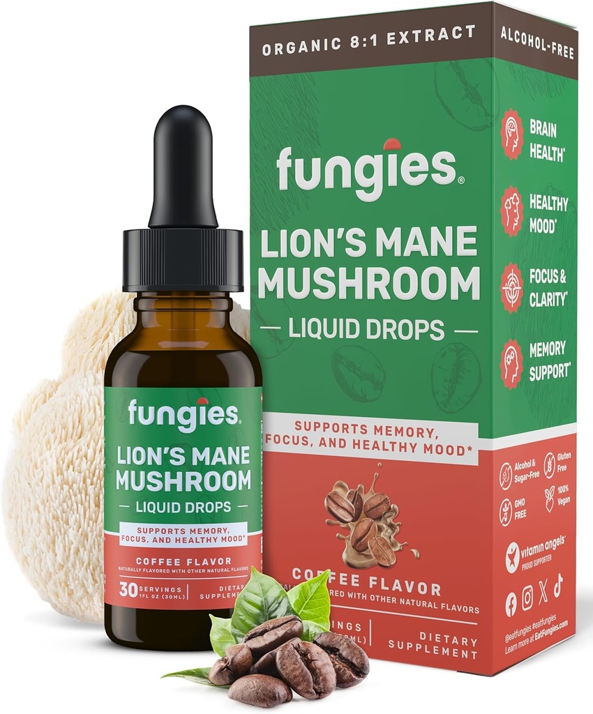 Fungies Mane Mushroom de León gotas líquidas, café - Tintura con Lions Mane Extract soporta Brain Fog, Focus, Memory & Healthy Mood - Mushroom Complex Supplement for Adults - 30 Servings