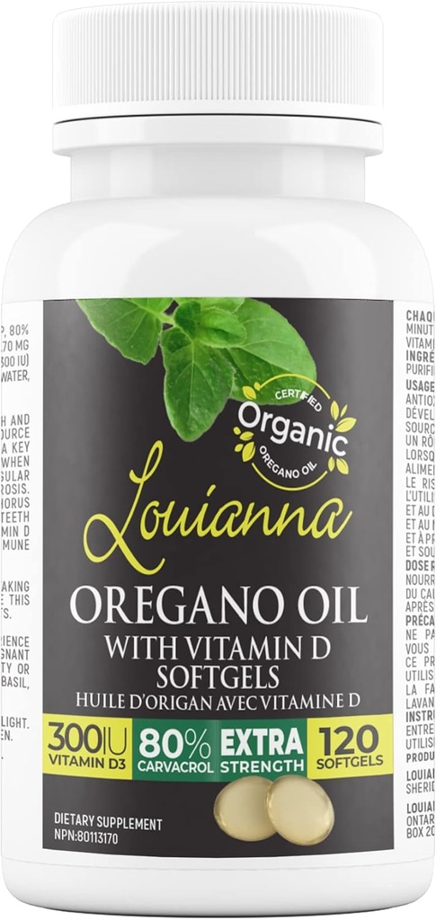 Louianna - Orgánica aceite de orégano silvestre con vitamina D, Softgel líquido cápsulas con 80 carvacrol porcentual, soporta tus huesos, inmune y Gut Health, suplementos herbales, 120 Softgels