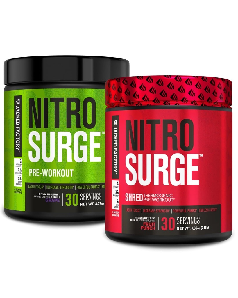 Jacked Factory Nitrosurge Pre-Workout in Grape & Fruit Punch Nitrosurge Shred Thermogenic Pre-Workout for Men & Women
