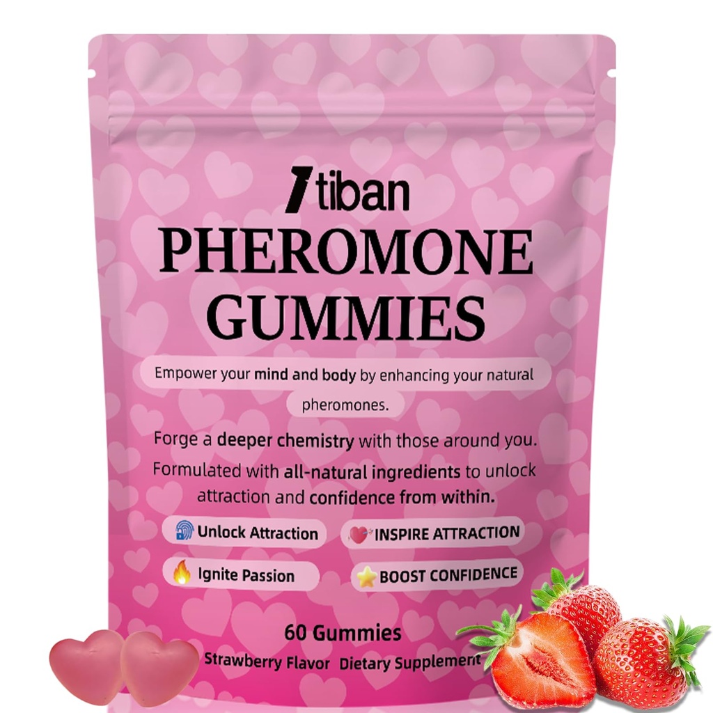 Pheromone Gummies for her, Women Slippery Elm, Enhance Charm, Supports Balance, Confidence & Social Vibe, Vegan, Non-GMO, Gluten-Free, Strawberry Flavor, 60 Gummies