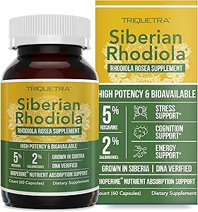 Max Strength Siberian Rhodiola®: Rhodiola Rosea 5% Rosavins, 2% Salidroside &amp; BioPerine® for Enhanced Absorption – Ayuda a apoyar el estrés, la energía y el foco* – Crecido en Siberia, ADN Verificado (60 cápsulas)