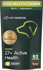 VetriScience Senior 27+ Salud activa, Canine Plus Daily Multivitamin for Senior Dogs, Vitaminas Equilibradas, Minerales y Antioxidantes, Saludable Aging and Wellness Support, Veggie, 60 Cuenta
