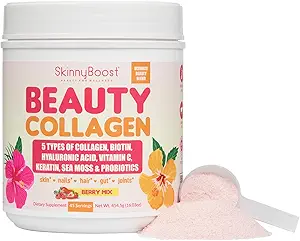Beauty Collagen Powder-5 Types of Hydrolyzed Collagen, Sea Moss, Biotin, Keratin, Hyaluronic Acid, Vitamin C and Probiotics–Hair, Skin, Nails- All Natural, Made in USA-45 Servings- Mixed Berry