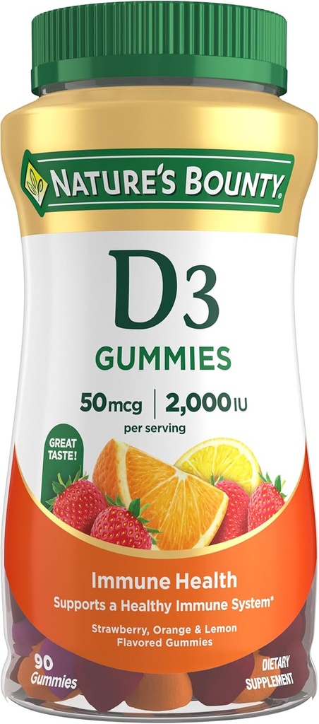 La recompensa de la naturaleza Vitamina D3 Gummies, Suplemento de vitaminas, soporta la salud inmune, 50mcg, 2000IU, sabor a fruta mixta, 90 Gummies