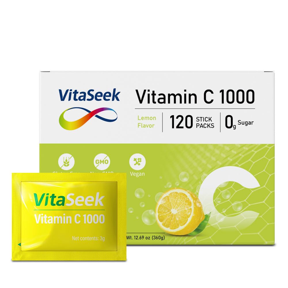 Vitamin C 1000mg Powder Packets Sugar Free Drink Mix Individual Serving Sticks Lemon Flavors On The Go Immune Support for Adults 120 Count