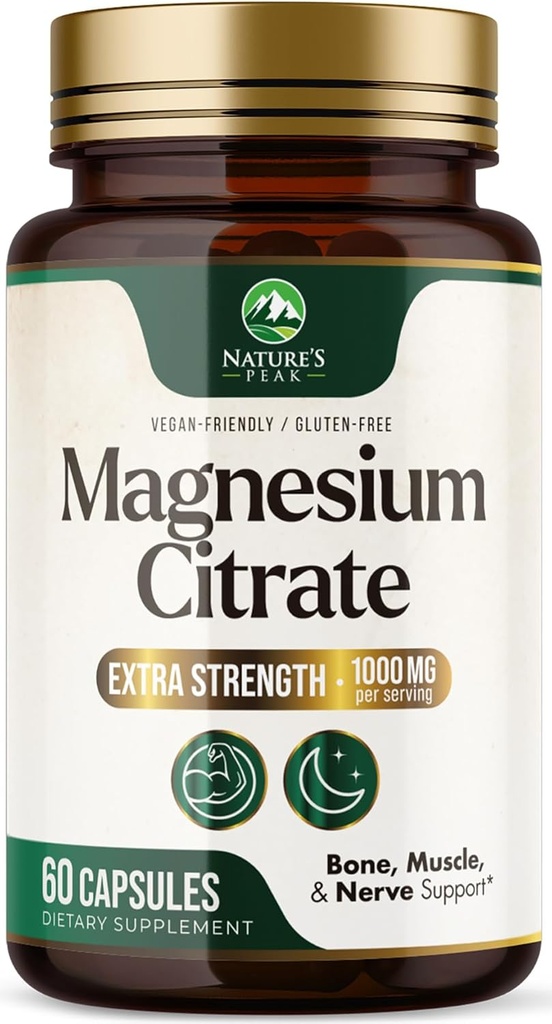 Citrato de magnesio 1000mg - Suplemento de Magnesio de alta absorción Soportes Muscle, Bone, Nerve & Heart Health - Extra Strength Magnesio Complex Pills - Non-GMO, Premium Energy Formula - 60 cápsulas