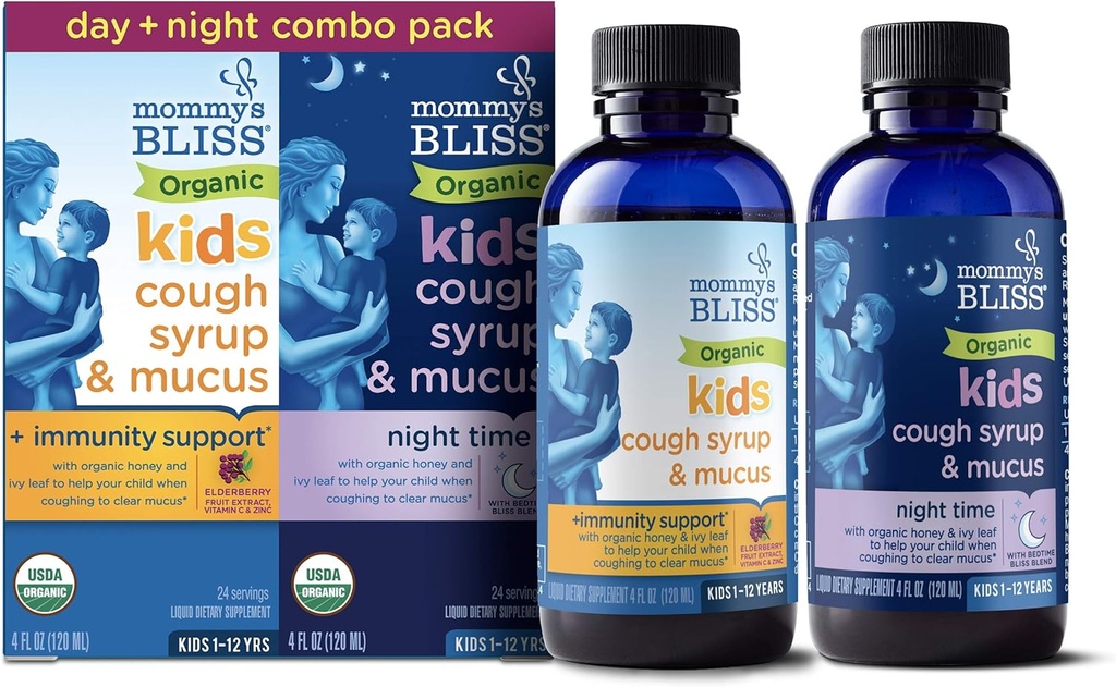 Mami's Bliss Organic Cough Syrup & Mucus for Kids, Day and Night Combo Pack with Vitamin C and Immunity Support, Contains Organic Honey and Ivy Leaf, 4 Fl Oz (Pack of 2)