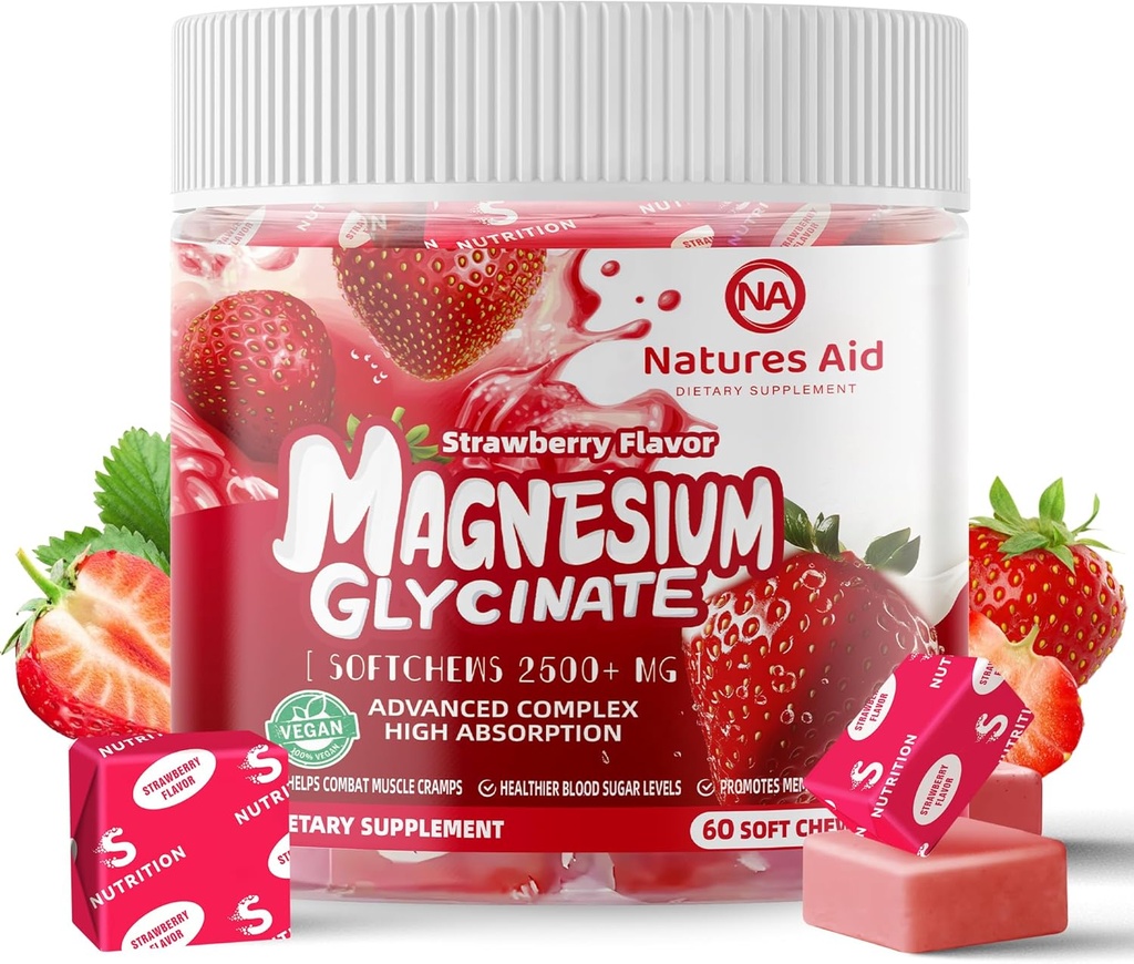 Magnesium Glycinate Soft Chews, Strawberry Flavor. Chewable Azúcar Potasio Gratuito Mandíbula de Magnesio Glycinate, Vitamina D, B6, y CoQ10 para el apoyo a la calma " El sueño para adultos, 60 días de suministro