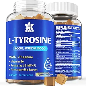 L Tyrosine Gummies 1100mg Mood Support Blend with Ashwagandha, L-Theanine, Vitamin B Complex B6, Folate B9, for Focus " Memory, Cognition " Brain Function, Energy Boost, Stress Support, Vegan 60Cts