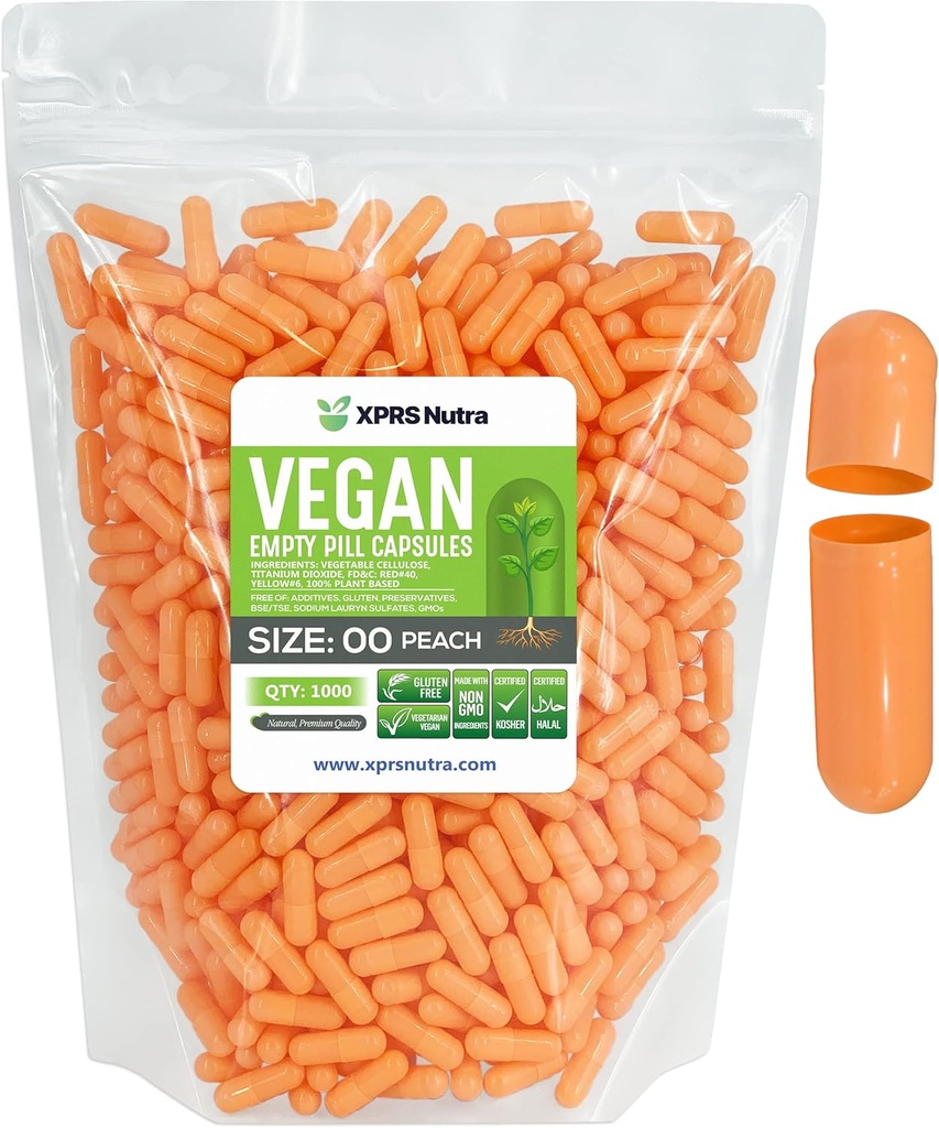 XPRS Nutra Tamaño 00 Empty Capsules - 1000 Conde Vacío Cápsulas Vegan - Láminas Vacío Vegetarianas - DIY Cápsula Vegeta Filling- Veggie Pill Caps (Peach)