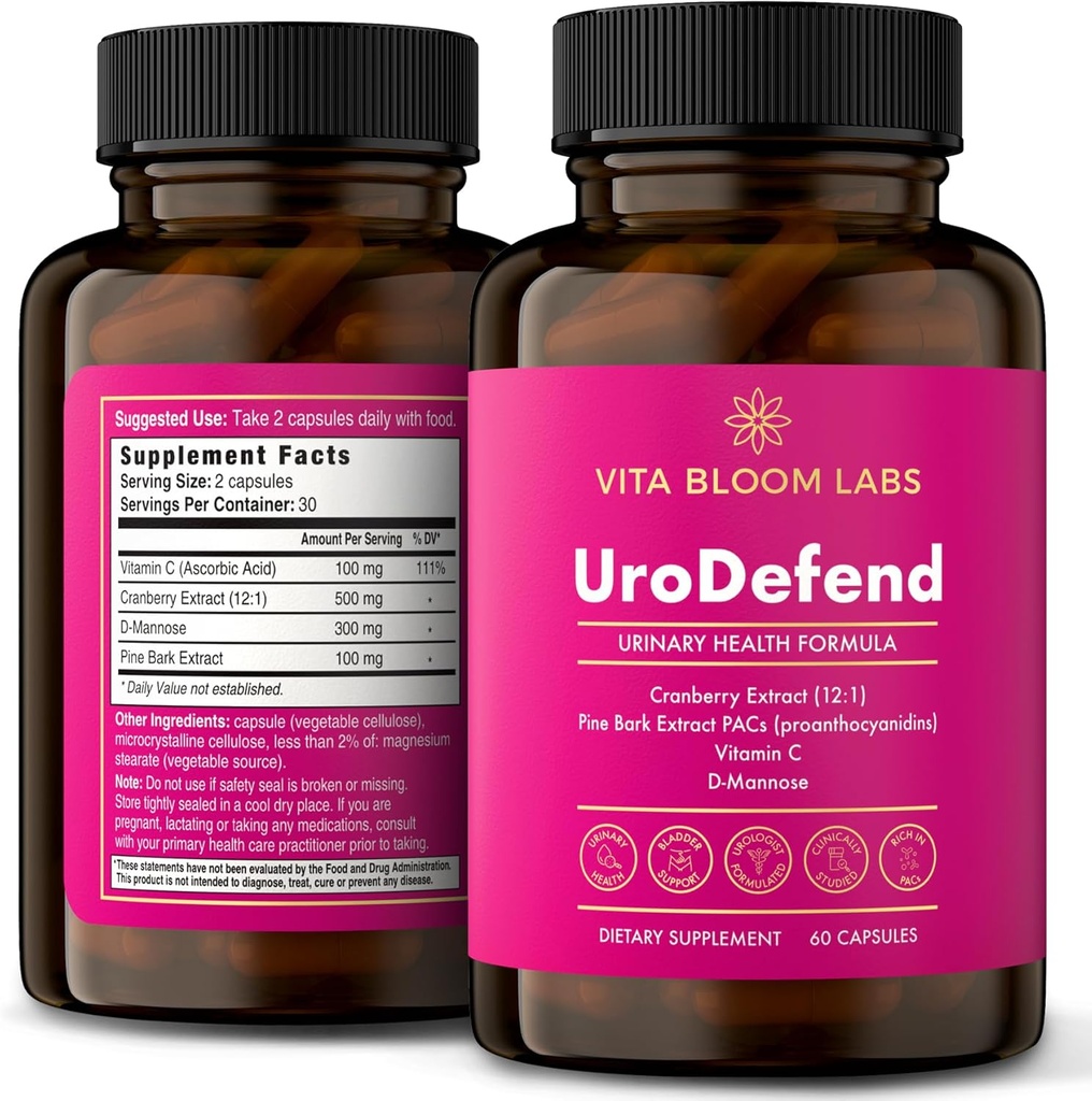 UroDefend UTI Protection Fórmula ¦ Cranberry PACs ← Physician Formulated  Additive Free + Gluten Free ← Cranberry Extract, Pine Bark Extract, D Mannose, Vitamin C ← 60 cápsulas