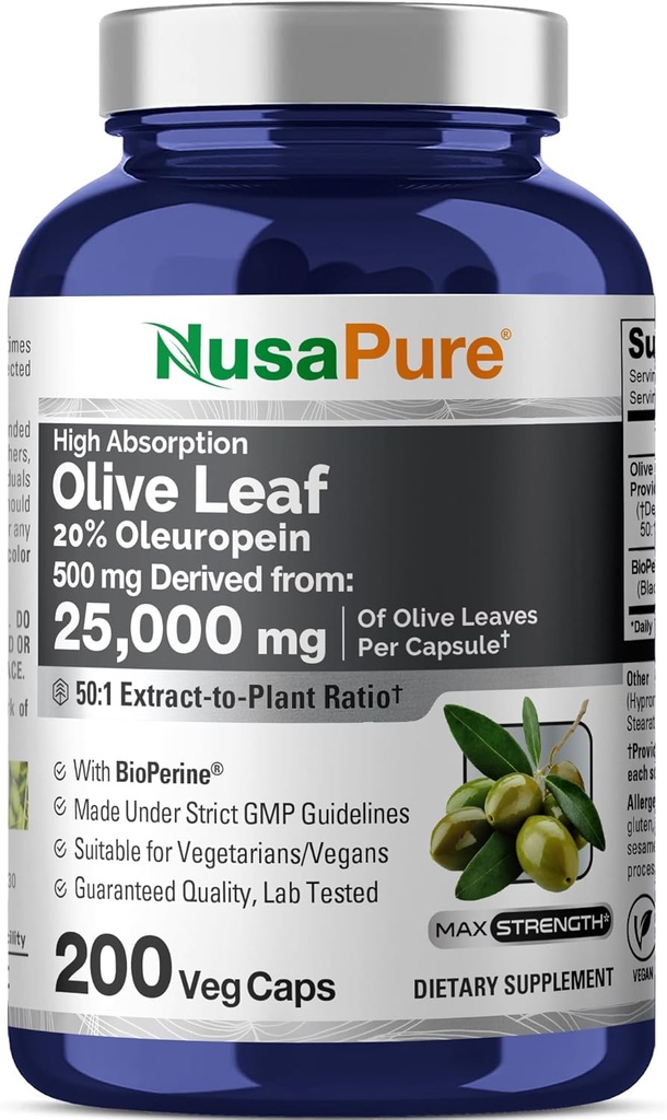 NusaPure hoja de oliva 20% Oleuropea 50:1 Extracto, 500 mg Equivalente a 25.000 mg 200 tazas Apto para vegetarianos y veganos, No GMO