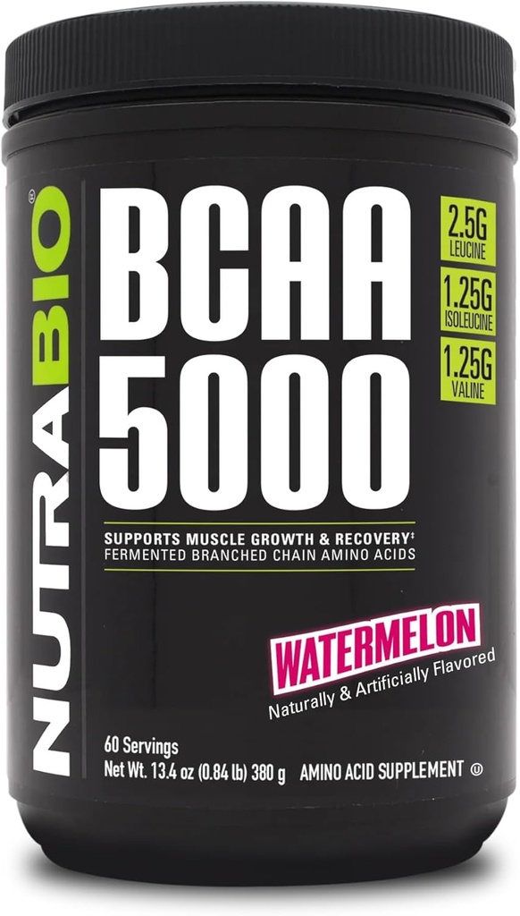 NutraBio BCAA 5000 Powder - Vegan Fermented BCAAs - Apoya Lean Muscle Growth, Recovery, Endurance - 60 Servings - Watermelon
