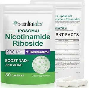 NAD+ Suplemento para la regeneración del envejecimiento y la célula, Suplemento NAD de 900 mg, Liposomal Nicotinamide Riboside, Celular de apoyo, Muscle & Energy, NMN Suplemento Alternativa 80p