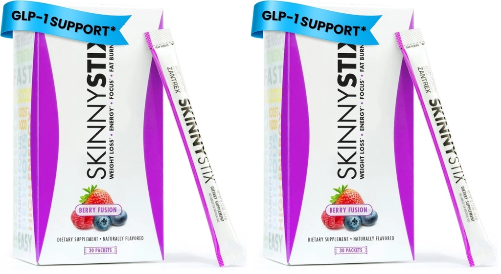 Zantrex SkinnyStix Energy Powder – Lose Weight, GLP-1, Appetite Suppressant, Boost Mood – 10 Calories – Yerba Mate, Coffee Bean – 30 Stix, Berry (Pack of 2)