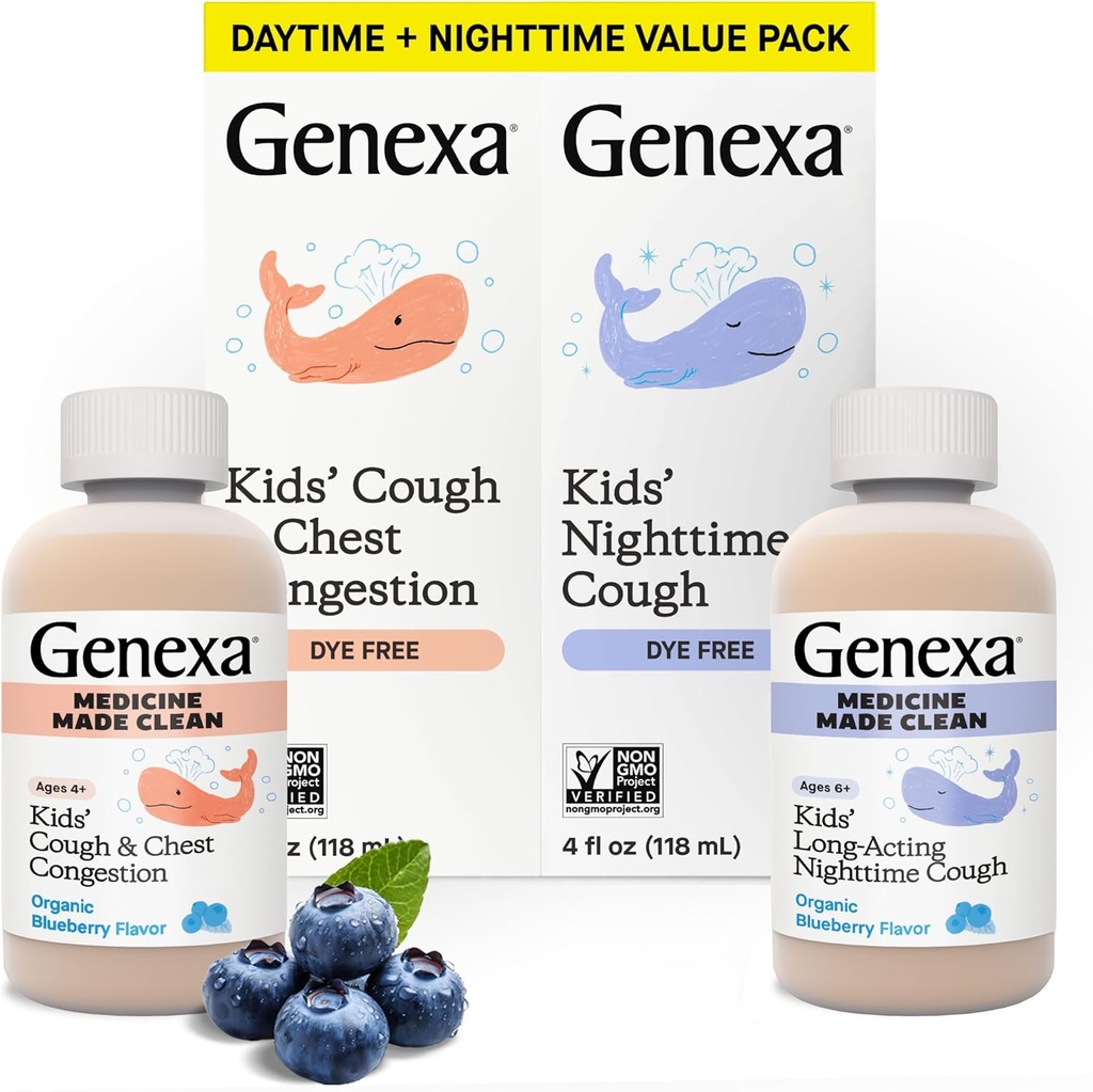 Genexa Kids' Clean Day & Night Cough Medicine, Dye Free, 0% Artificial Additives, Children's Cough, Chest Congestion, Runny Nose &amp; Sneezing Relief, Ages 6+, Organic Blueberry Flavor, 8 fl oz (2 Pack)