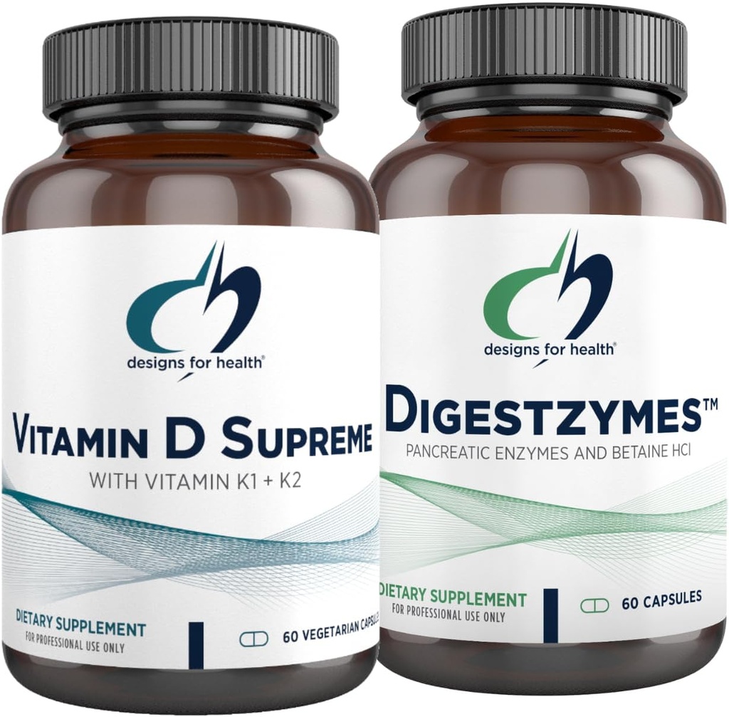 Diseños para la salud Vitamina D Supreme + Digestzymes Digestive Enzymes Bundle - Vitamina D3 5000 UI con 2000mcg Vitamina + Digestión Soporte Enzimas con Betaine HCl - 2 Productos