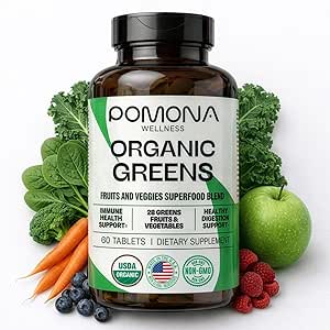 Pomona Wellness Super Greens Suplemento, Lleno de Superfood Vitaminas &amp; Minerales, Frutas & Vegetable, Verdes Polvo para Bloating y Digestión, Gut Health, USDA Organic, Non-GMO, 60 Tablets