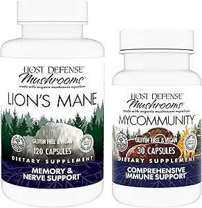 Host Defense Bundle with Lion's Mane Capsules, 120 Conde & MyCommunity Capsules, 30 Cuenta - Apoyo a la salud cerebral, la memoria y el foco - Apoyo Immune Health con 17 Especies Mushroom Blend*