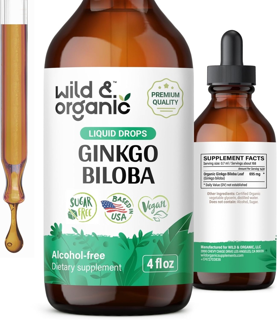Wild & Organic Ginkgo Biloba Extract Drops - Brain & Focus Support - Liquid Ginkgo Biloba Supplements - Vegan, Sugar &amp; Alcohol-Free Herbal Tintura - 4 fl oz