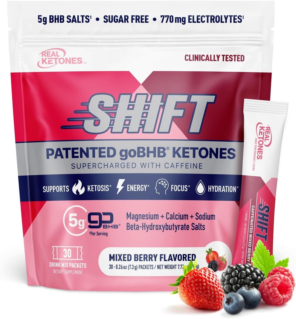 Real Ketones BHB Cetonas Exógenas Bebidas Mix Packets Keto Electrolitos Powder Packets No Sugar con 4 Electrolitos de Ayuno Principal Más Hidratación Patented Keto BHB - 30 Cuenta de Caffeine de Berry mixto