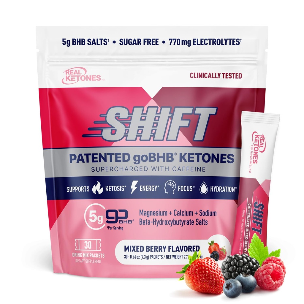 Real Ketones BHB Exogenous Ketones Drink Mix Packets Keto Electrolytes Powder Packets No Sugar with 4 Main Fasting Electrolytes Plus Hydrating Patented Keto BHB - 30 Count Mixed Berry Caffeine