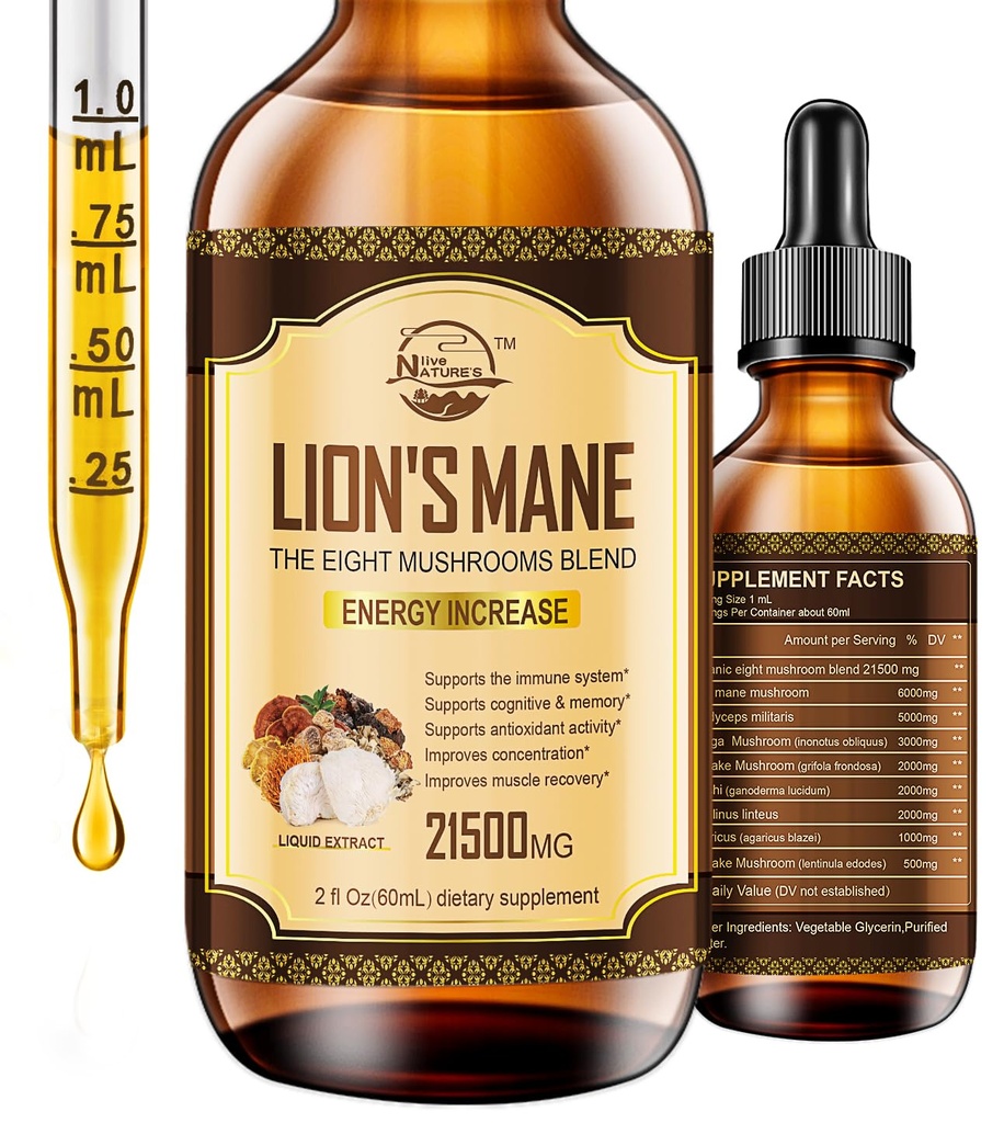 Lions Mane Supplement, Liquid Mushroom Extract Drops, 8 Mushrooms Complex for Cognitive Support and Immunity Boost, Hasta 2 meses de suministro, Mushroom Supplement with Lion's Mane, Cordyceps, Reishi