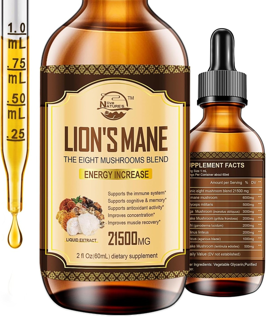 Lions Mane Supplement, Liquid Mushroom Extract Drops, 8 Mushrooms Complex for Cognitive Support and Immunity Boost, Hasta 2 meses de suministro, Mushroom Supplement with Lion's Mane, Cordyceps, Reishi