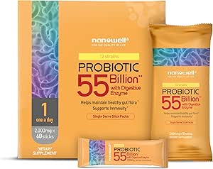 NANOWELL 12 Strains Probiotic 55 Billion CFU con Enzymes Digestivos Polvo - Apoyo Inmunitario, Salud Gut, Probióticos, Prebióticos & Postbióticos - 60 Sticks, 60 Day Supply
