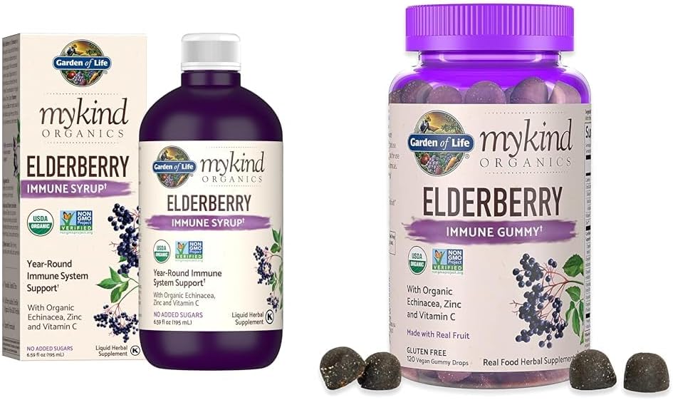Garden of Life Organics Plant-Based Elderberry Immune Syrup 6.59 fl oz & Organics Elderberry Gummies for Adults & Kids