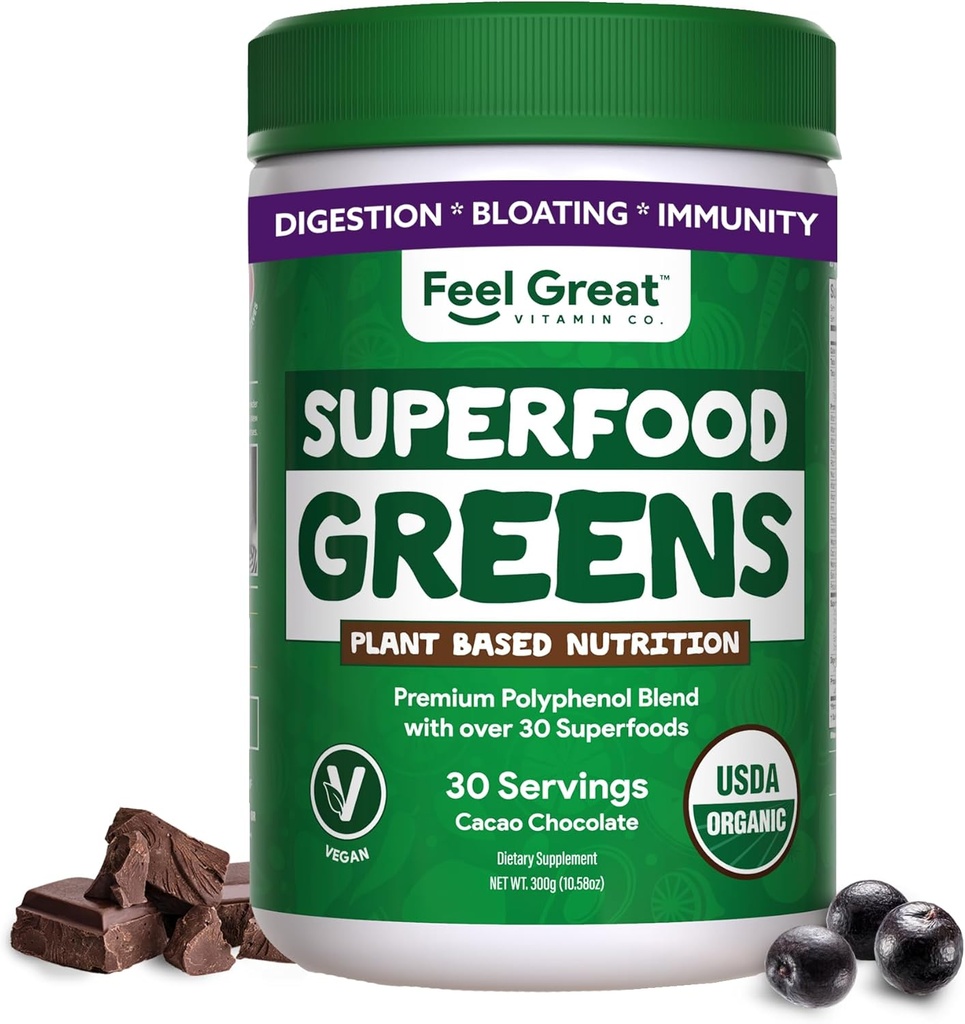Feel Great Organic Superfood Greens Powder - Cocoa Chocolate | Fruit & Vegetable Supplement | Over 20 Greens, Fruits & Veggies, Fiber, Probiotics & Digestive Enzymes | 30 Servings