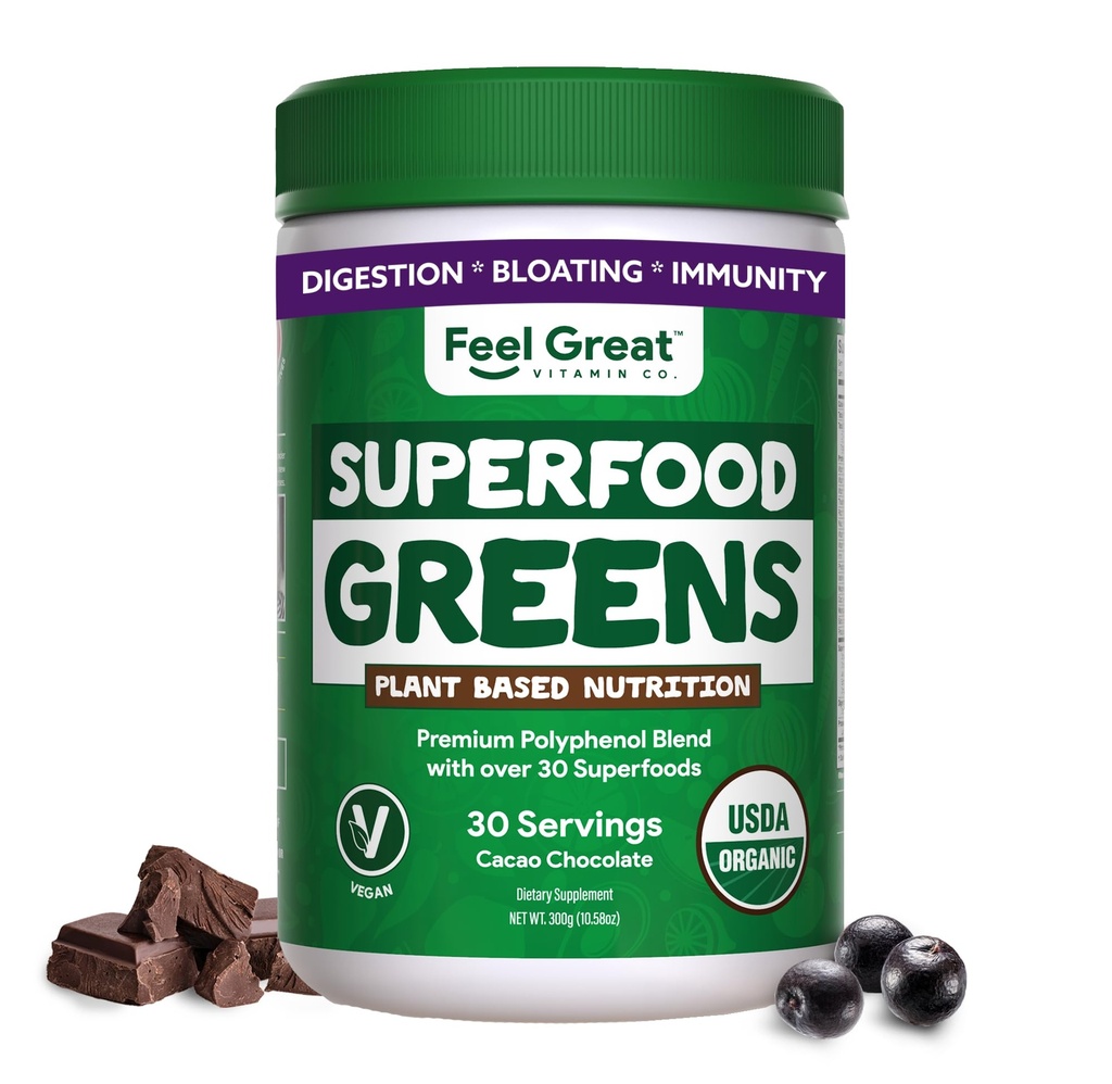 Feel Great Organic Superfood Greens Powder - Cocoa Chocolate TENIDO Fruit & Vegetable Suplemento TENER 20 Greens, Fruits & Veggies, Fiber, Probióticos " Enzymes Digestivos TENIDO 30 Servimientos