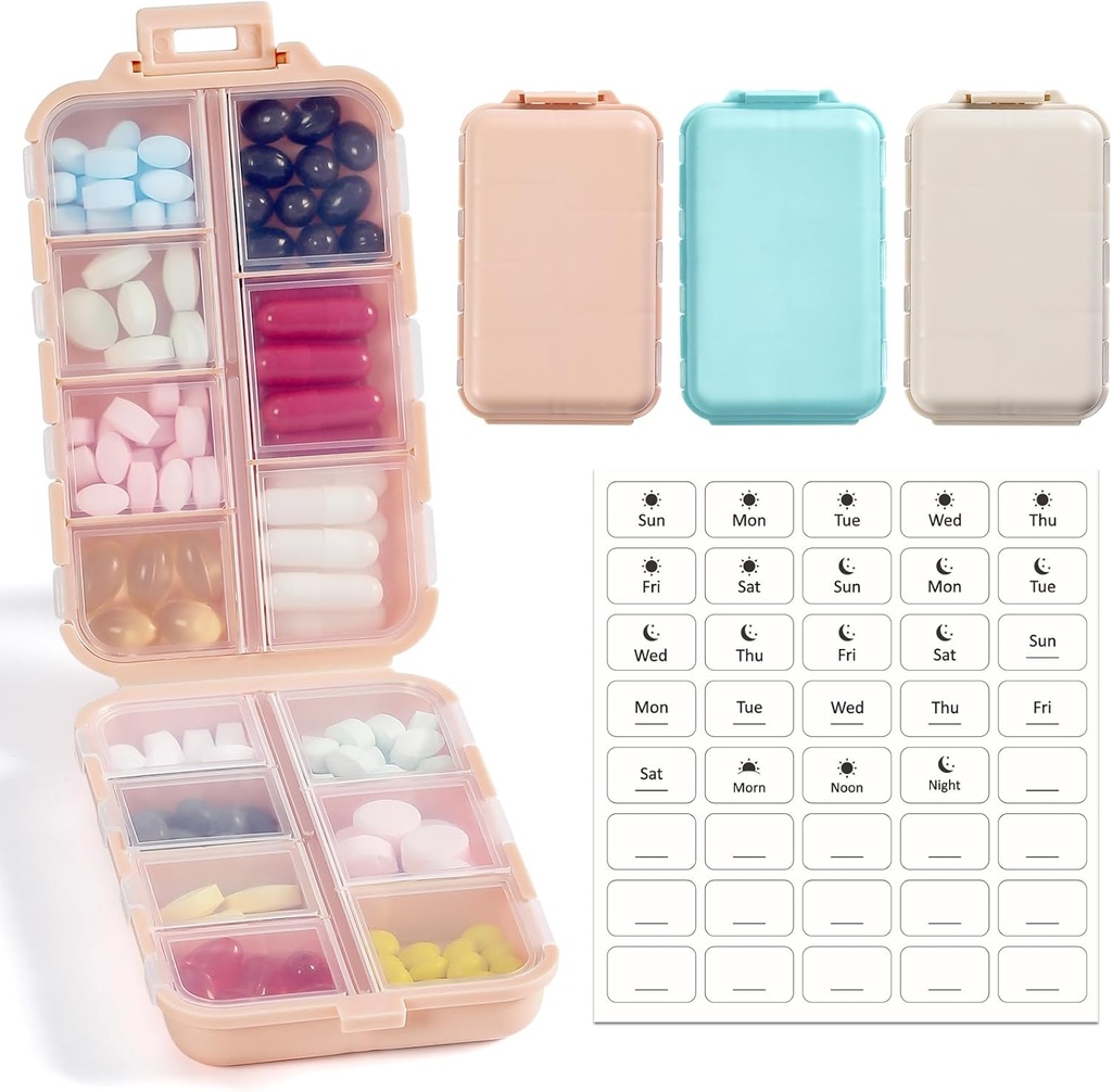 3 Pack, 14 GRIDS Travel Pill Organizer Box with Labels - Travel Medicine Case Kit - Pocket Daily Pharmacy Container - Travel Medication Holder Dispenser for Fish Oil Vitamin Storage