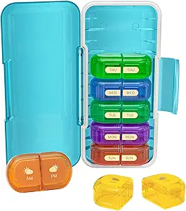 Organizador semanal de píldoras 2 veces al día, Moisture-Proof, Compartimientos desmontables, AM PM Pill Box 2X 7 Día, Organizador de píldoras/Fish Oil/Medication/Vitamin/Supplements (Blue + Colorful)