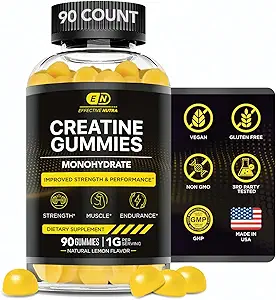 Efectivamente Nutra Creatine Monohydrate Gummies - 1g Creatine per Gummy - Vegan Muscle & Strength Suplemento para Hombres - Apoya el Crecimiento del Musculo, Energía, Resistencia - Lemon Flavor, Made in USA (90ct)