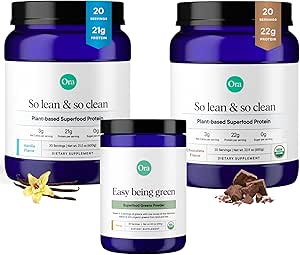 Ora Organic Vegan Protein Powder Chocolate, Vanila &amp; Greens Powder Bundle: 22g Plant Based, Chocolate, 20 Servings + 21g Plant Based, Vanilla, 20 Servings + Organic Super Greens Drink, 30 Servings