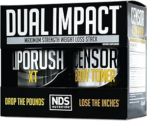 NDS Nutrition Maximum Strength Dual Impact Stack - Powerful 2-in-1 Weight Pérdida Kit combina alta energía resistente a la grasa XT Thermogenic con Censor Body Toner Premium CLA (60 Caps & 90 Softgels)