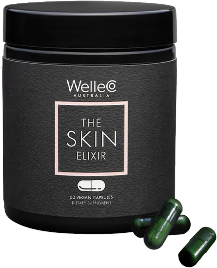 WelleCo La Skin Elixir Greens Powder Capsules con Zinc, Turmérico, Esencial Alimentos de la Esquí, apoya la formación del colágeno, Gluten Free & Vegan Glowing Skin Suplemento, Firmness & Elasticity, 60 cápsulas