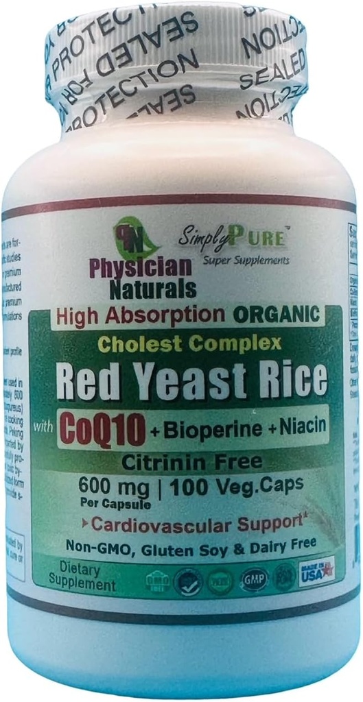 Organic Red Yeast Rice w CoEnzyme Q10 and Piperine 600 mg High Absorption 100 Veg Caps 1200 mg per Serving