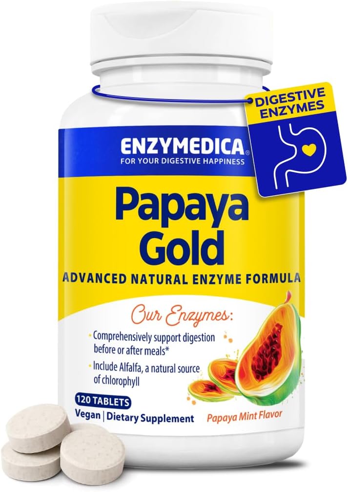 Enzymedica Papaya Gold, Advanced Digestive Enzymes with Natural Organic Papaya & Chlorophyll for Comprehensive Digestion Support, High Potency Bromelain " Papain, Vegan, Mint, 120 Chewable Tablets
