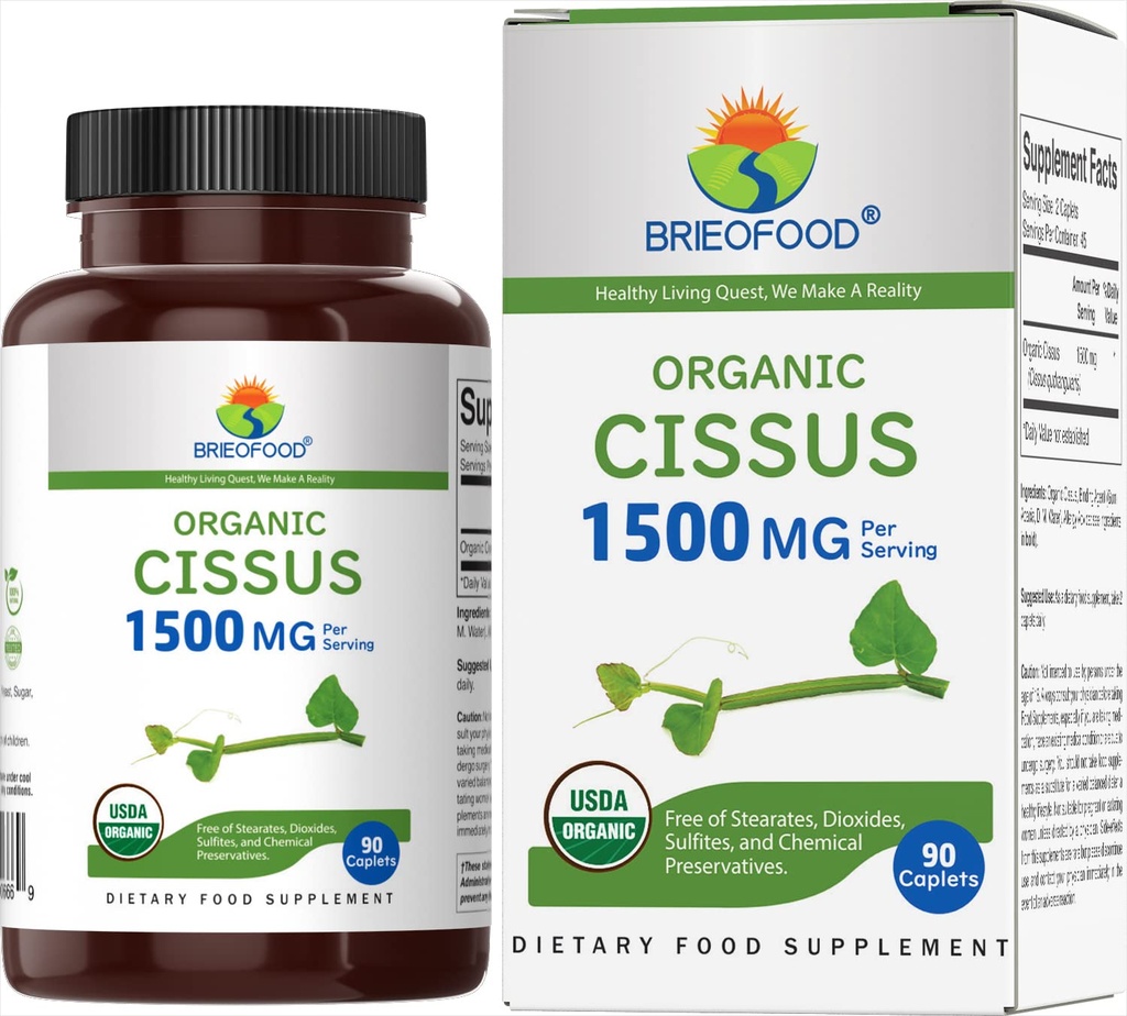 Brieofood Organic Cissus Quadrangularis 1500mg, 45 Servings, Vegetarian, Gluten Free, 90 Vegetarian Tablets