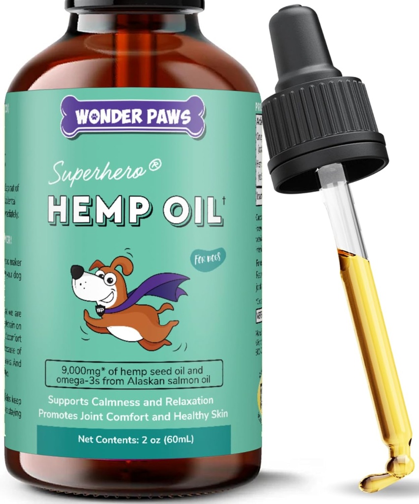 WONDER PAWS Aceite de cáñamo orgánico para perros – 9.000 mg de aceite de cáñamo con aceite de salmón de Alaska &amp; Omega 3 ácidos grasos - cáñamo para mascotas, salud conjunta, alivio de ansiedad, calma, piel &amp; inmuno – 60 ml gotas de aceite de cáñamo