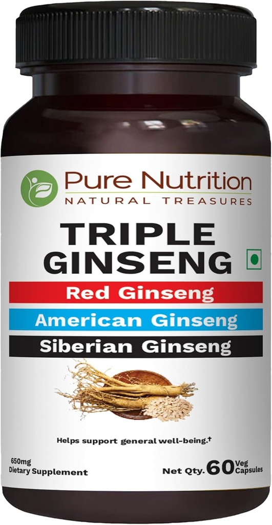 Ginseng triple de nutrición pura - una combinación única y efectiva de Ginseng rojo, Ginseng americano y Ginseng siberiano. 790mg por Capsule Silencio 60 Veg Caps Pack