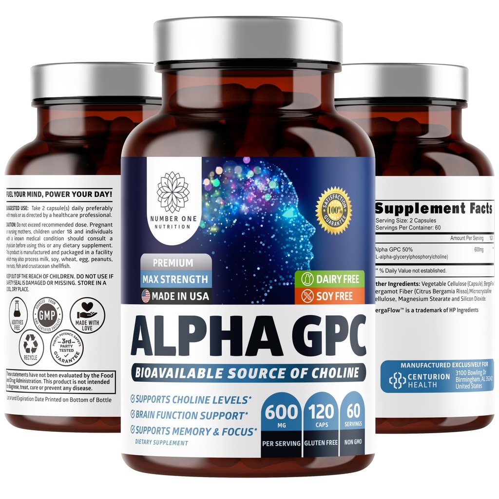 Number One Nutrition Premium Alpha GPC Choline Capsules 600mg, Natural Brain Supplement to Support Focus, Memory, Clarity and Energy, 120 Veg Caps